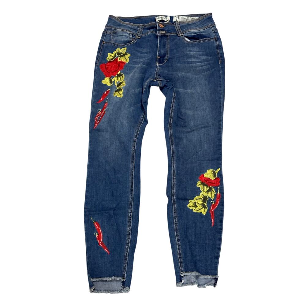 Indigo Rein 11 ankle blue jean chili pepper red embroidered details rare nwot
